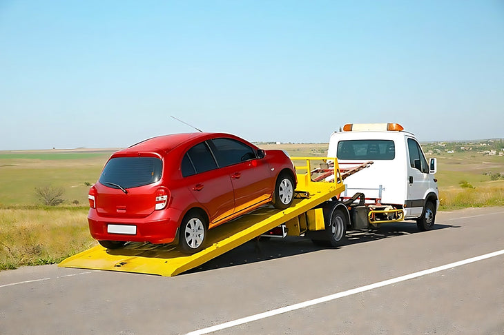 Voiture rouge en panne chargee sur une remorque depanneuse au bord de la route
