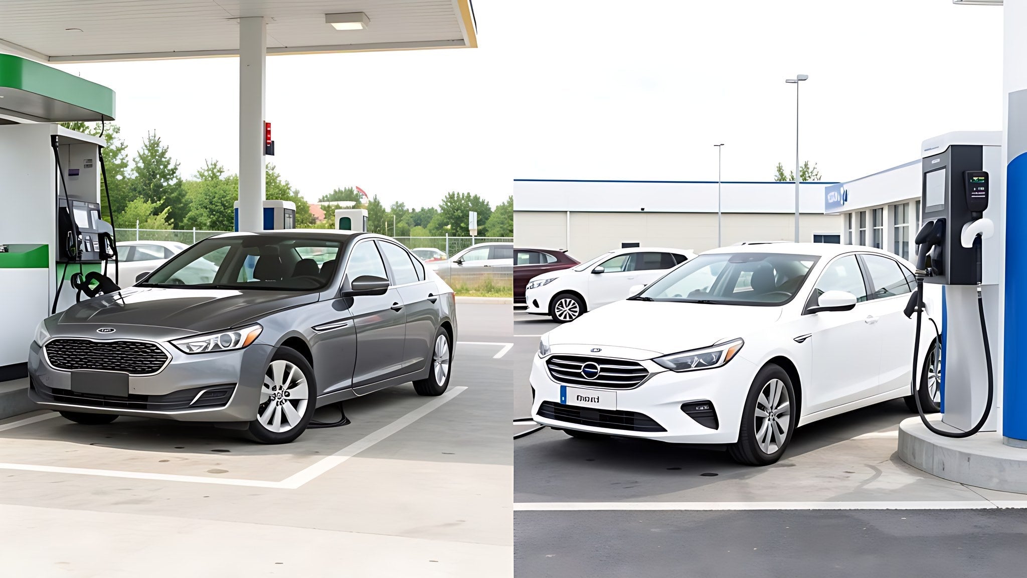 Voiture thermique faisant le plein d essence et voiture electrique en recharge cote a cote