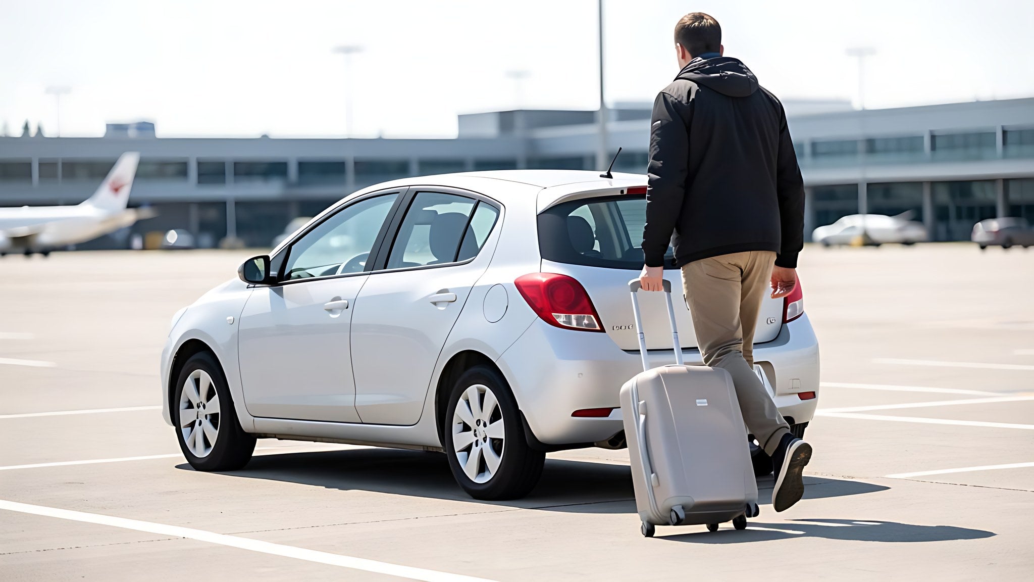 Voyageur tirant une valise a roulettes vers sa voiture garee dans un parking exterieur d aeroport