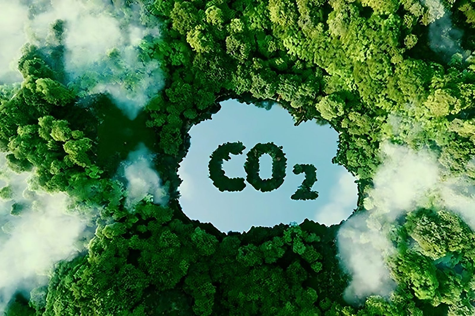 Vue aerienne d une foret verte entourant un lac en forme de CO2 pour le bilan carbone automobile