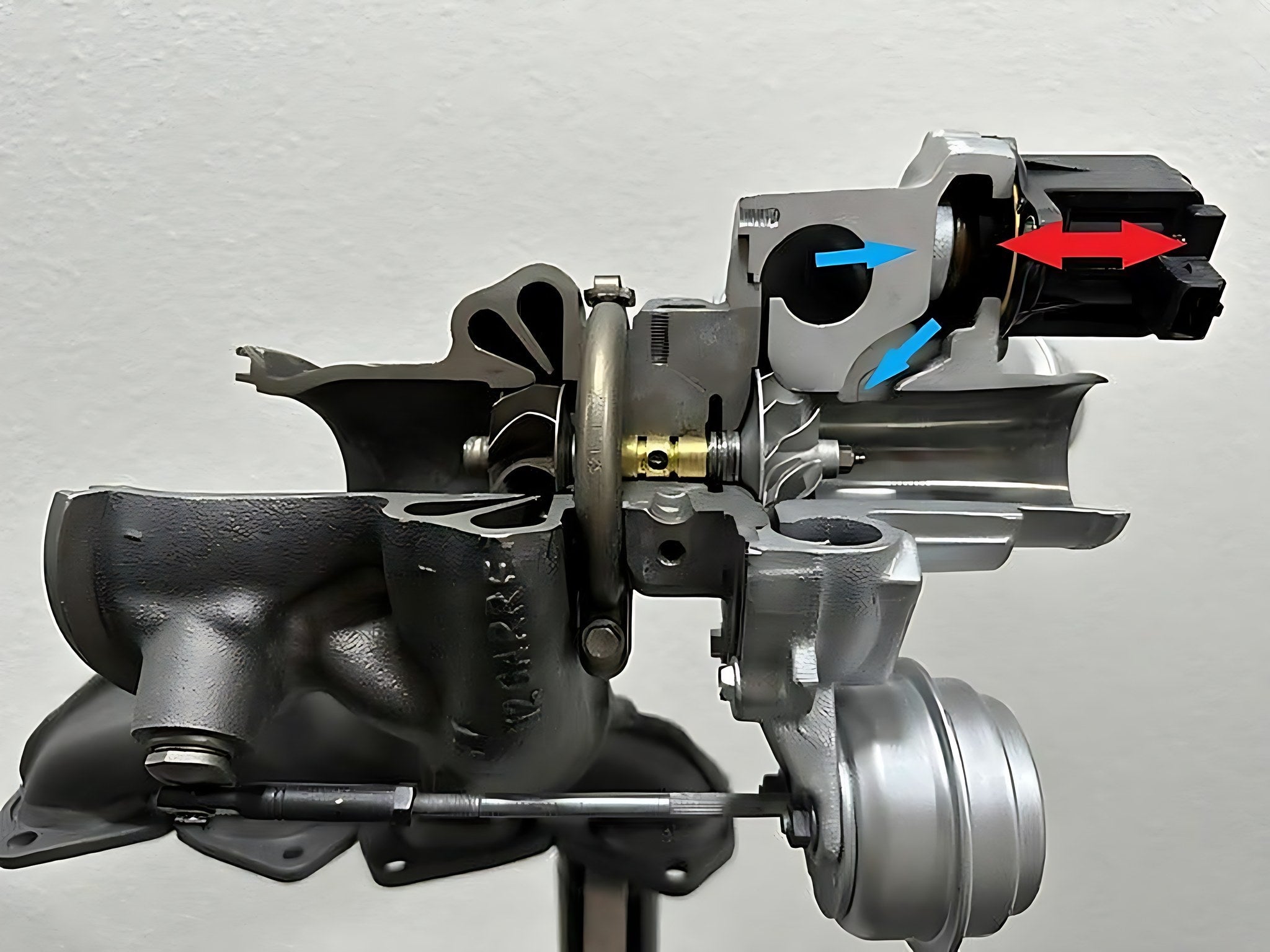 Vue en coupe d un turbocompresseur avec sa soupape de decharge wastegate et son circuit de bypass