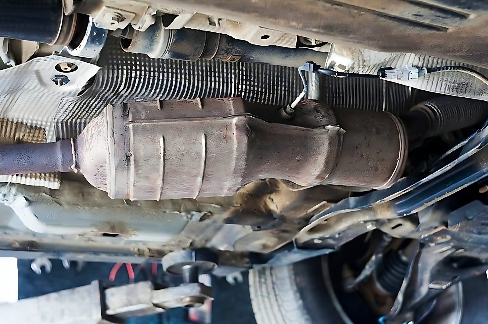 Vue sous le chassis d une voiture montrant le filtre a particules et la ligne d echappement