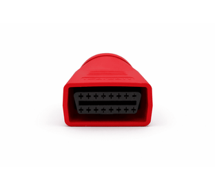 Vue arrière de la prise d'un adaptateur de diagnostic BMW 20 broches vers OBD2 rouge