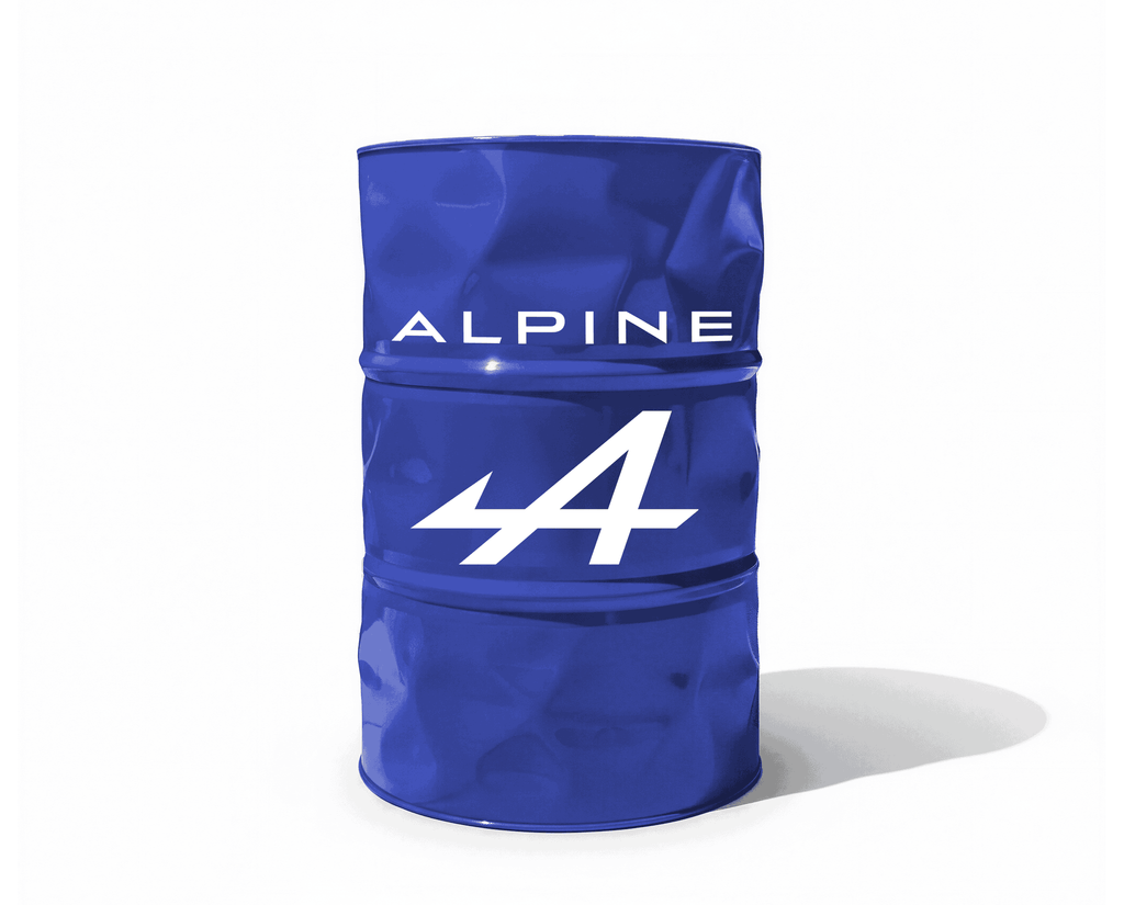 Petit baril decoratif de couleur bleu Alpine avec logo blanc sur fond blanc
