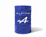 Petit baril decoratif de couleur bleu Alpine avec logo blanc sur fond blanc