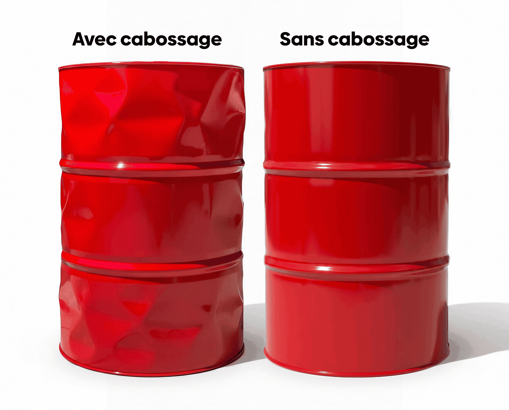 Comparatif visuel entre un baril rouge cabossé et un baril lisse intact