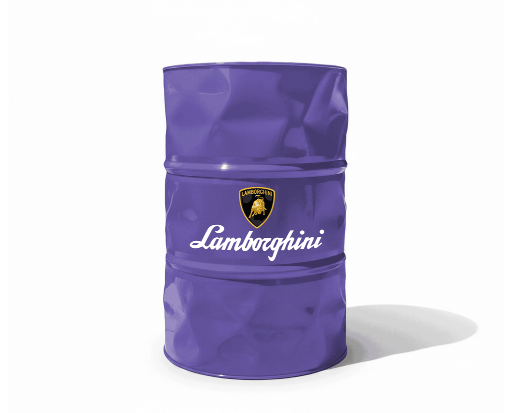 Baril decoratif violet orne du logo officiel Lamborghini pour deco de garage