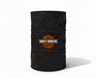 Baril decoratif noir avec le logo orange et blanc Harley Davidson pour decoration de garage