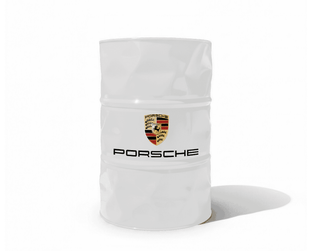 Baril decoratif blanc de marque Porsche pour la decoration de garage automobile