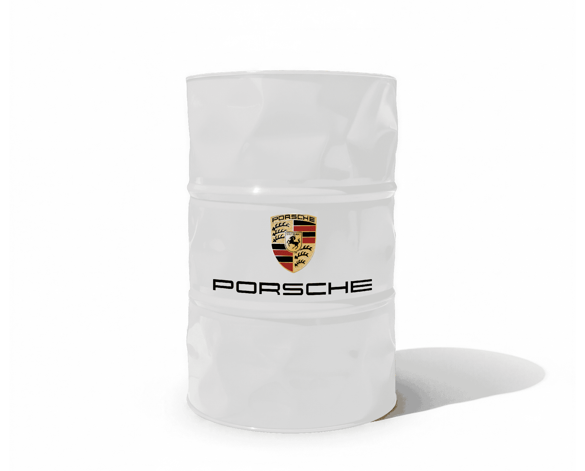 Baril decoratif blanc de marque Porsche pour la decoration de garage automobile