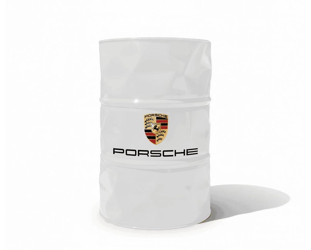 Baril decoratif blanc avec logo et ecriture de la marque Porsche