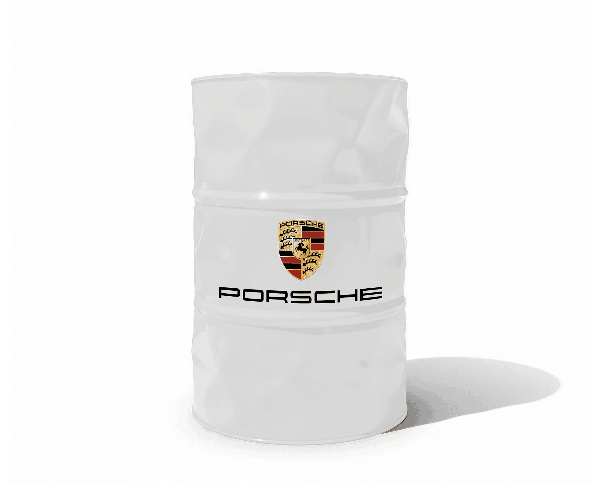 Baril decoratif blanc avec logo et ecriture de la marque Porsche