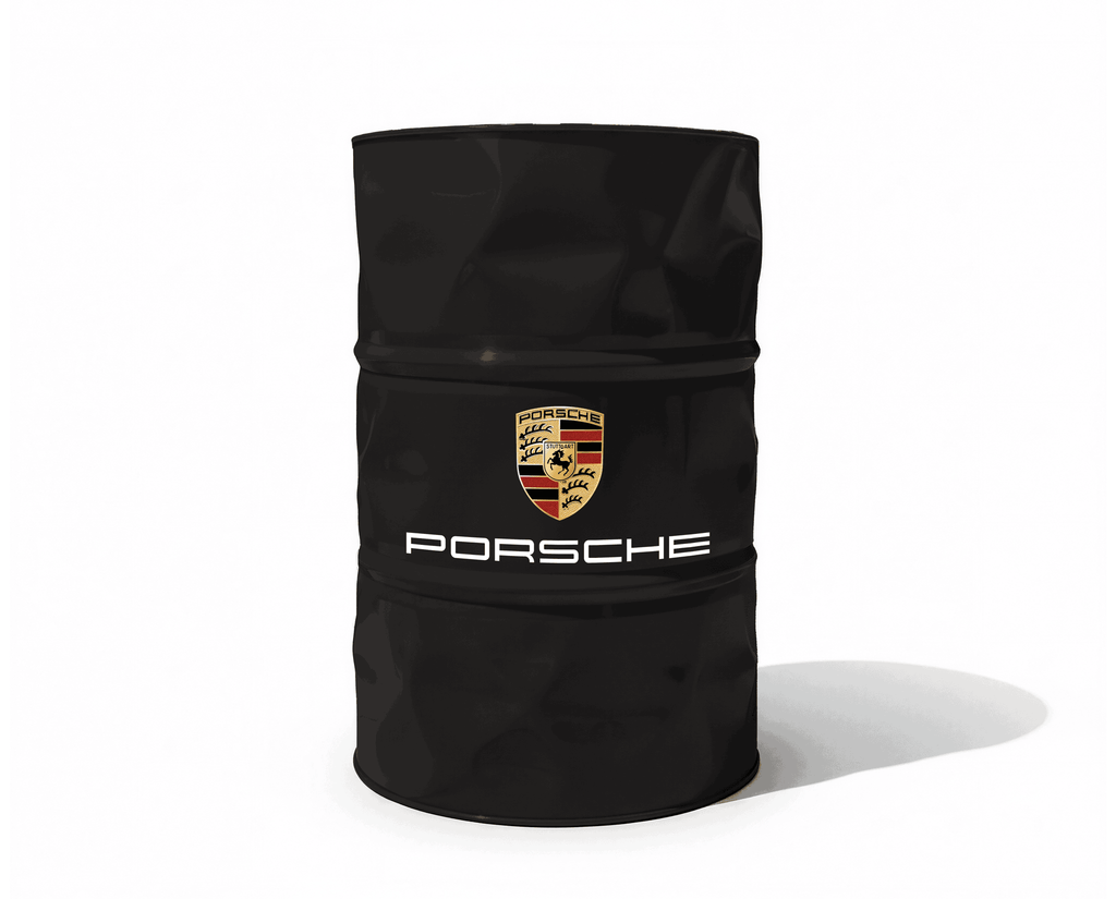 Baril decoratif noir avec logo Porsche pour decoration de garage et atelier