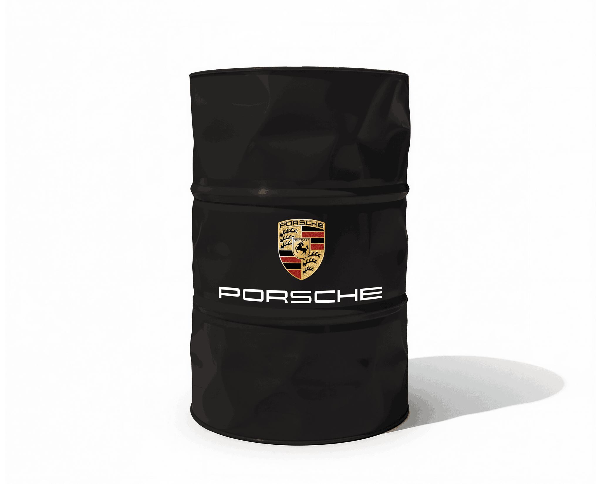Baril decoratif noir avec logo Porsche pour decoration de garage et atelier