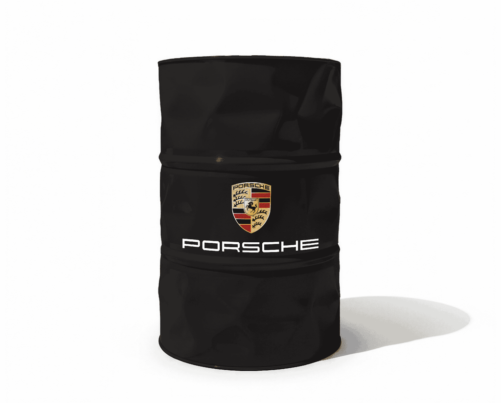Baril decoratif noir avec logo Porsche et lettrage blanc pour decoration de garage