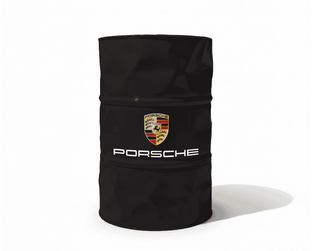 Baril decoratif noir avec logo Porsche et lettrage blanc pour decoration de garage