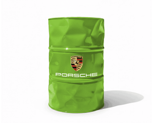 Baril decoratif en metal vert brillant orne du logo officiel de la marque automobile Porsche