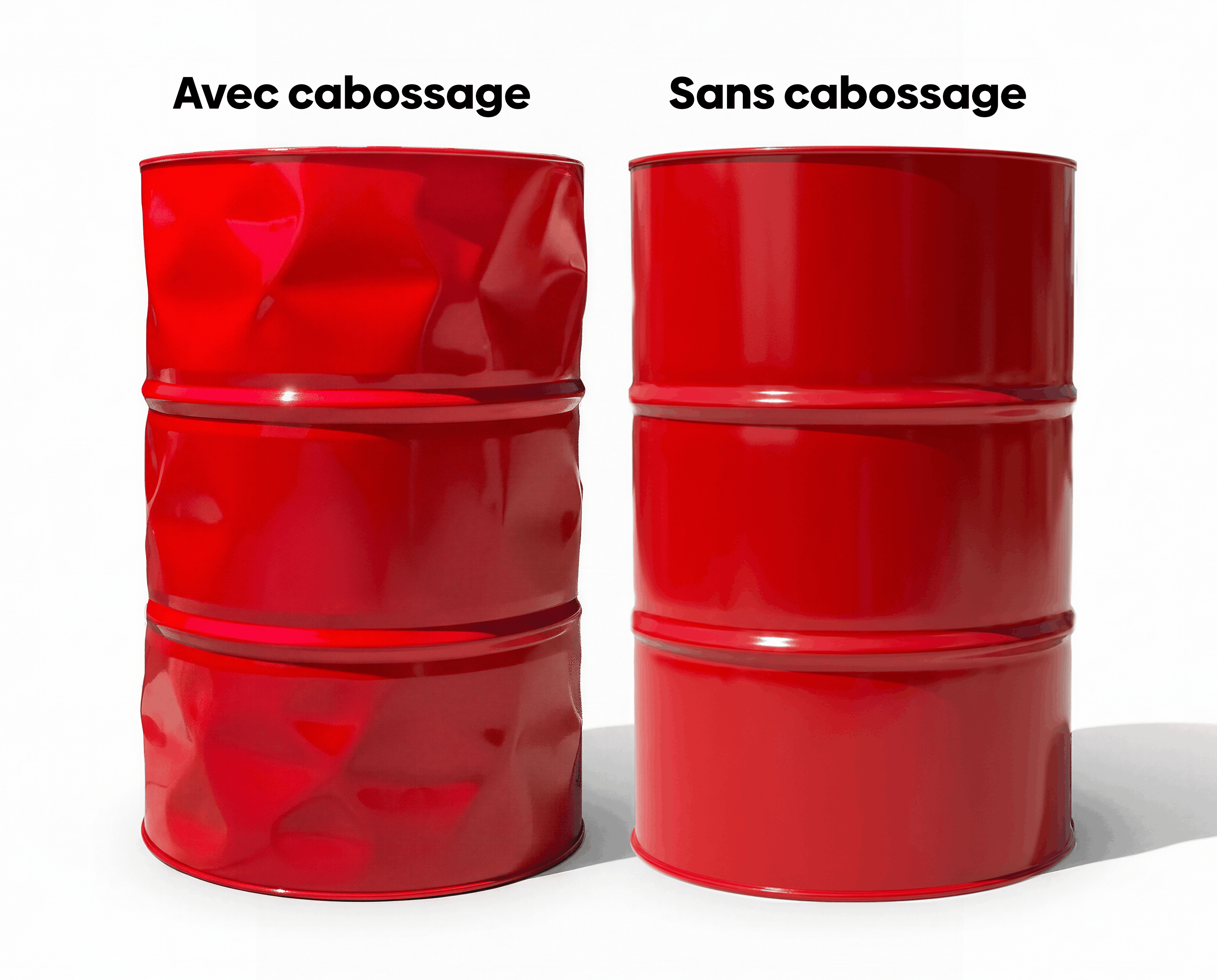 Comparatif visuel entre un baril de liquide cabossé et un baril intact