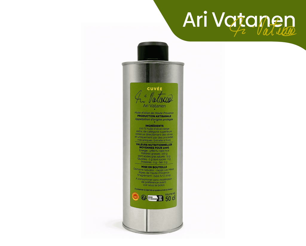 Arrière du bidon d'huile d'olive de Haute Provence de la cuvée Ari Vatanen