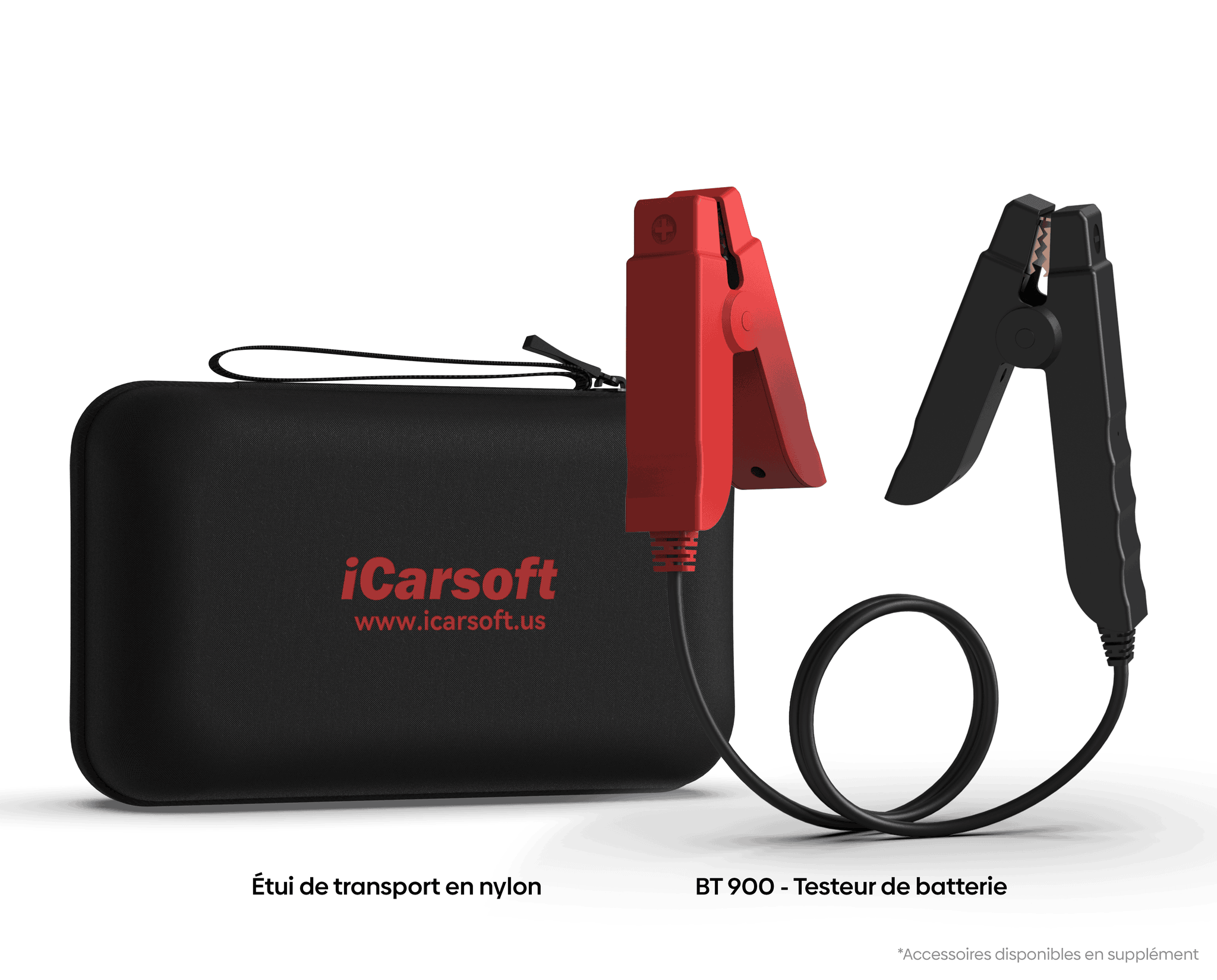 Testeur de batterie iCarsoft BT 900 avec pinces rouge et noire et son etui de transport en nylon