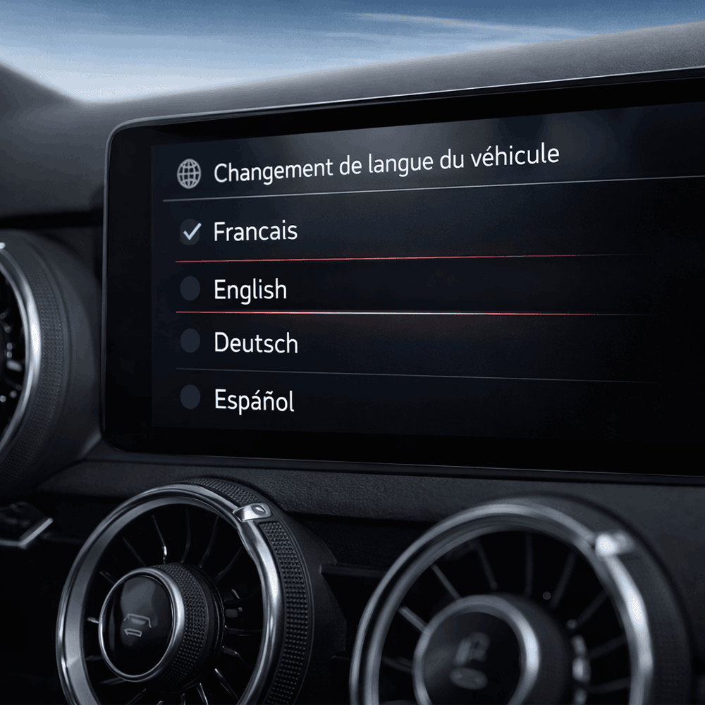Menu de changement de langue en français sur un écran de voiture
