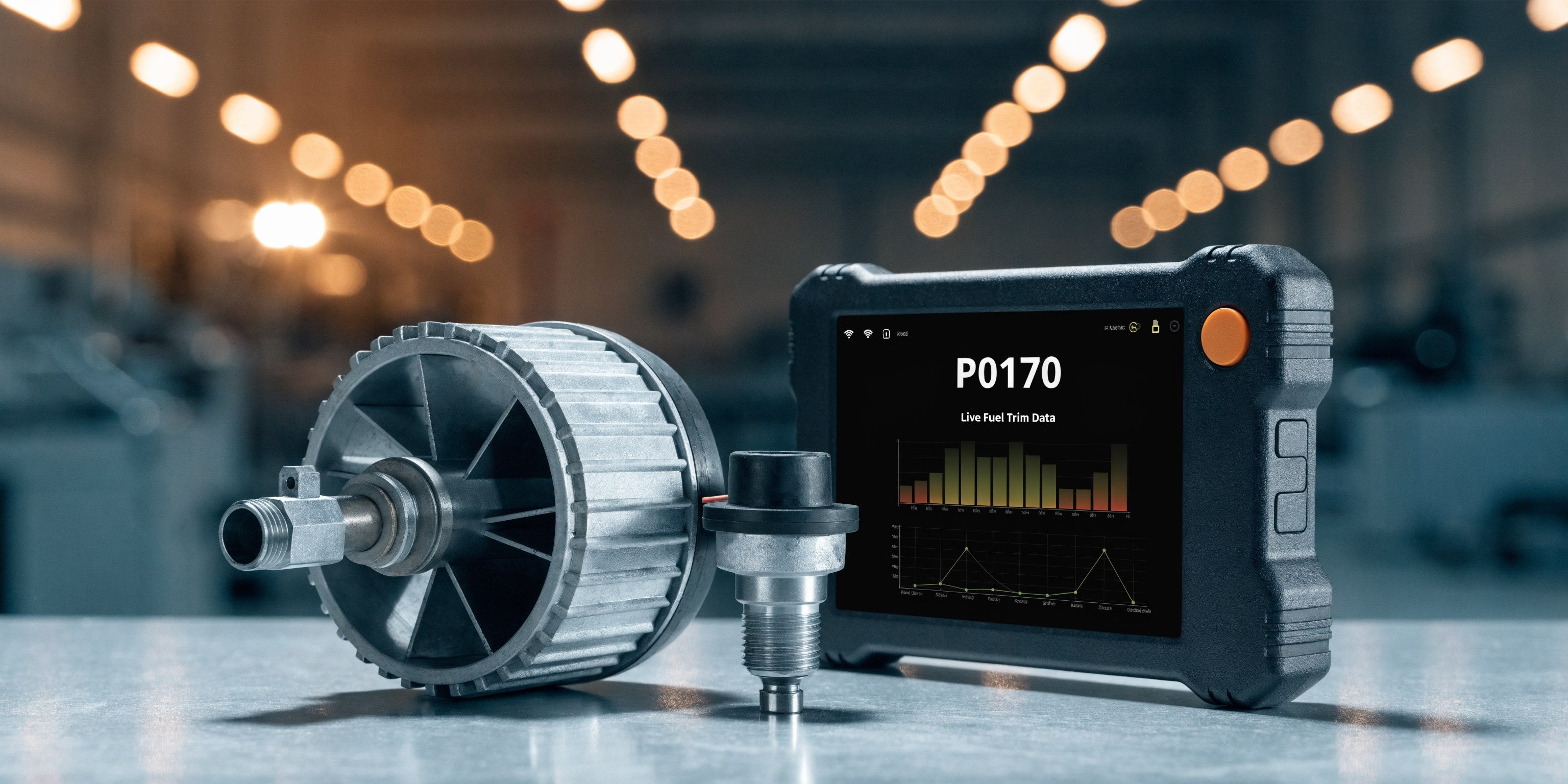 Débitmètre, sonde lambda et valise iCarsoft affichant le code défaut P0170