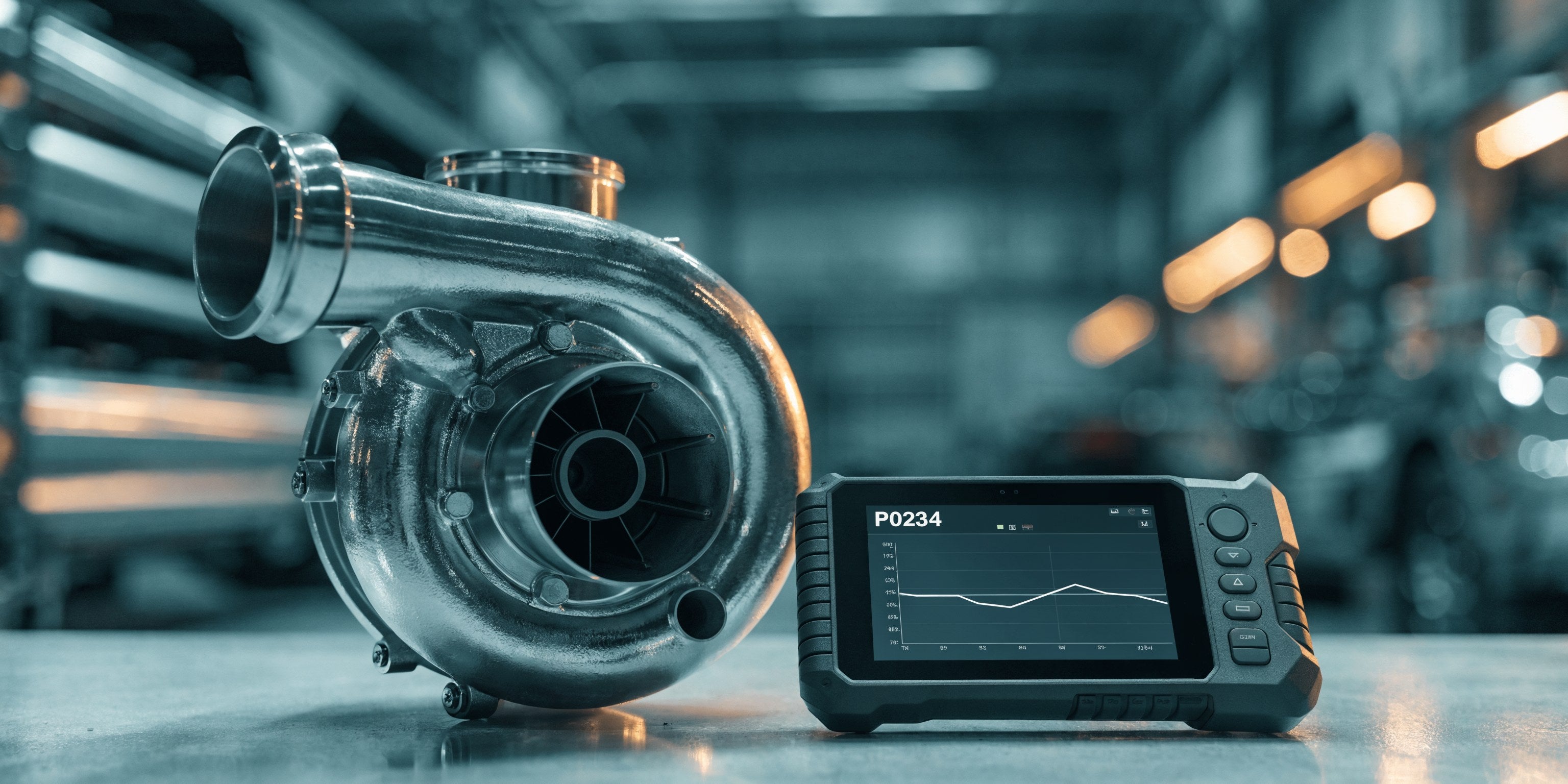 Turbocompresseur et valise iCarsoft affichant le code défaut P0234 de suralimentation