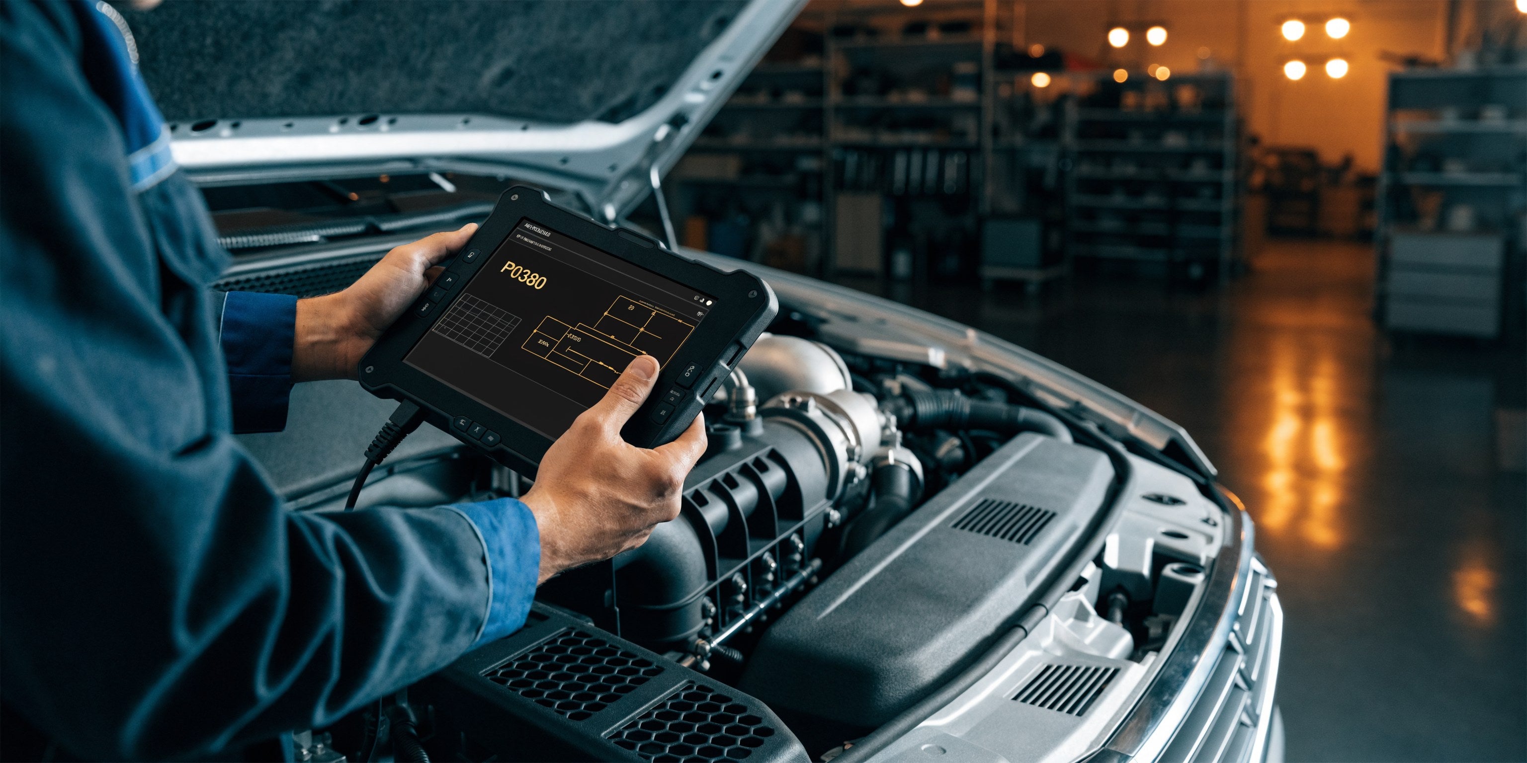 Valise de diagnostic iCarsoft affichant le code défaut P0380 sur un moteur diesel
