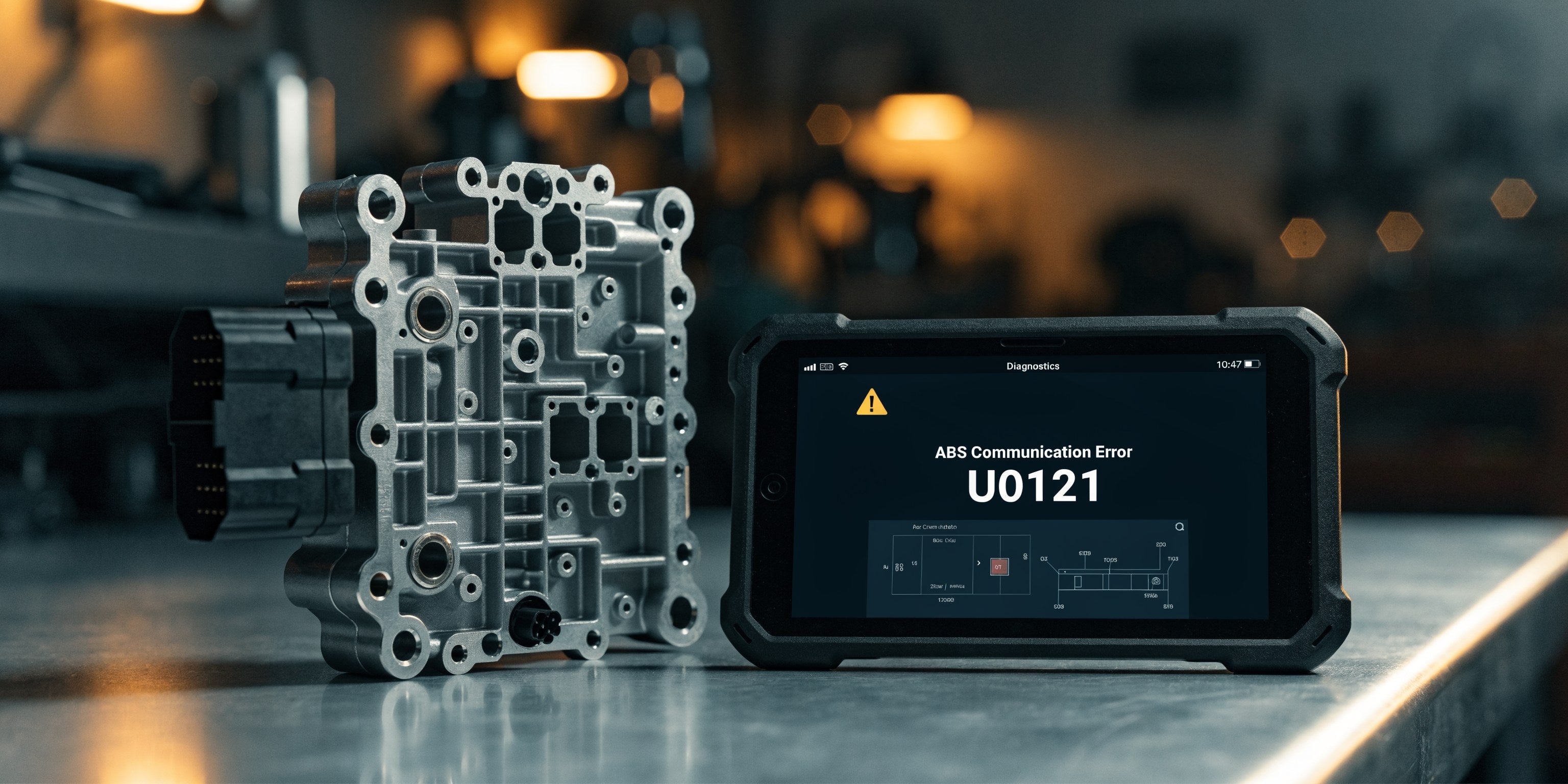 Calculateur ABS et valise iCarsoft affichant le code défaut U0121 de perte de communication