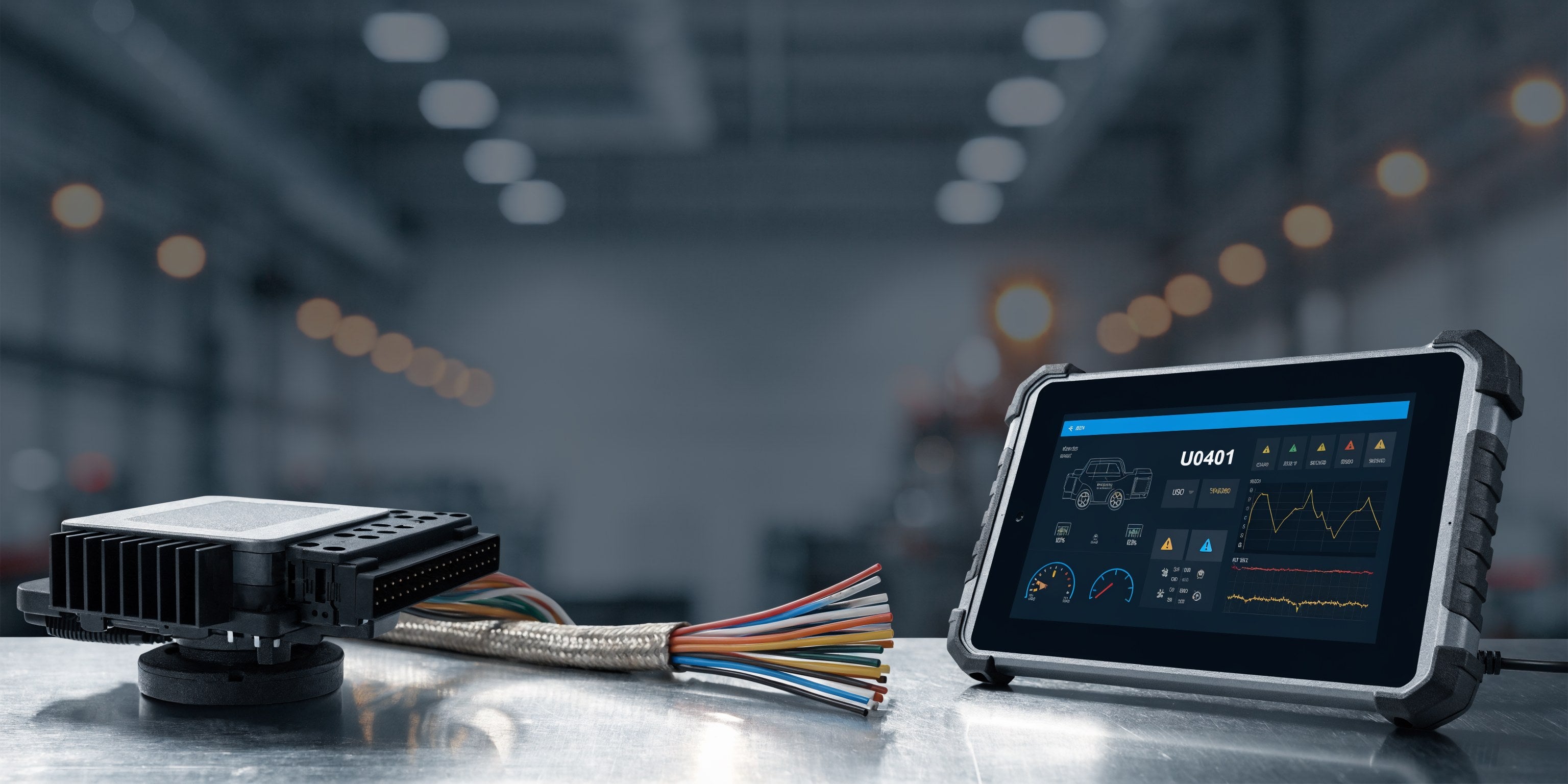 Calculateur moteur, faisceau CAN et valise iCarsoft affichant le code défaut U0401
