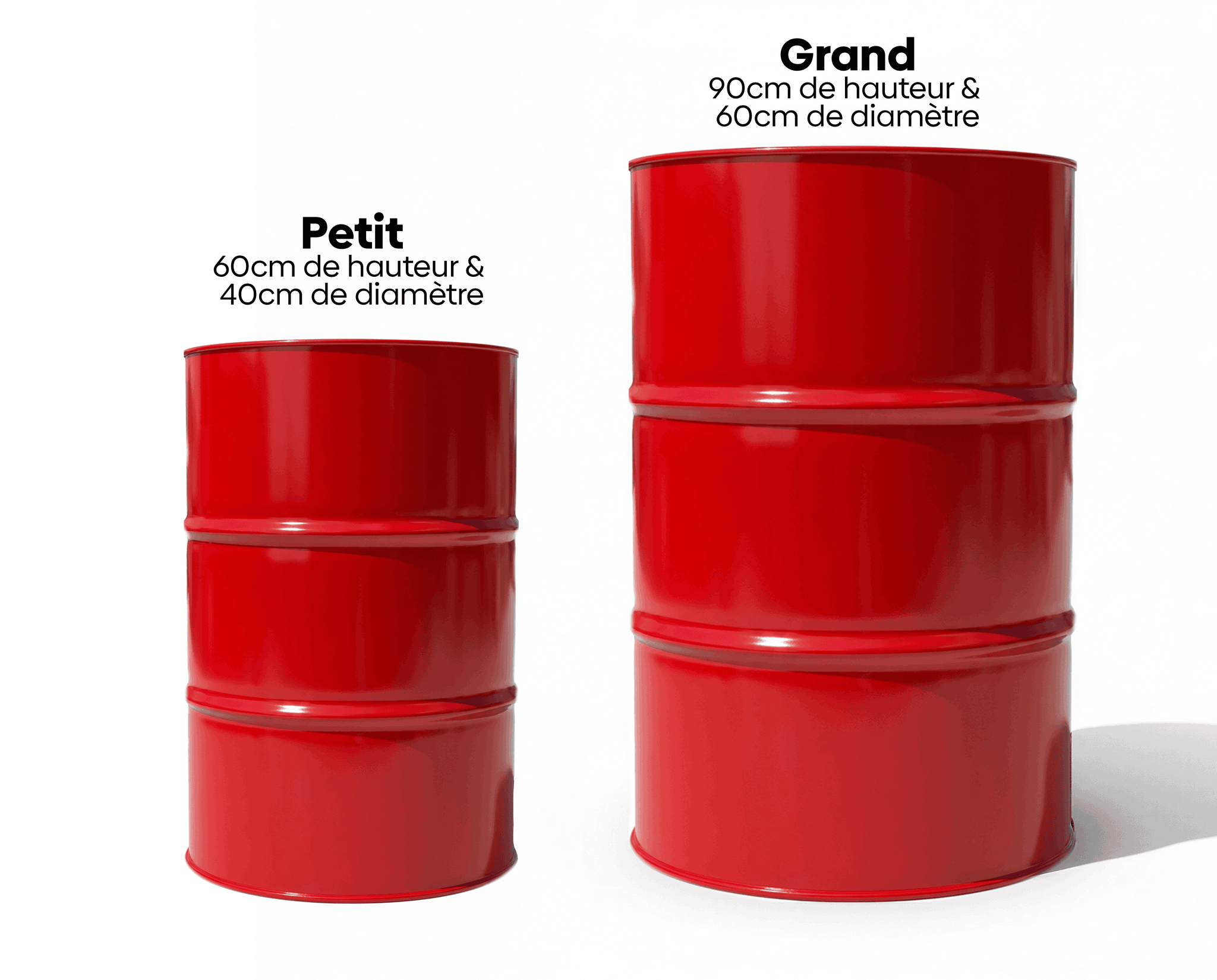Dimensions du petit baril de soixante centimètres et du grand baril décoratif rouge de quatre-vingt-dix centimètres