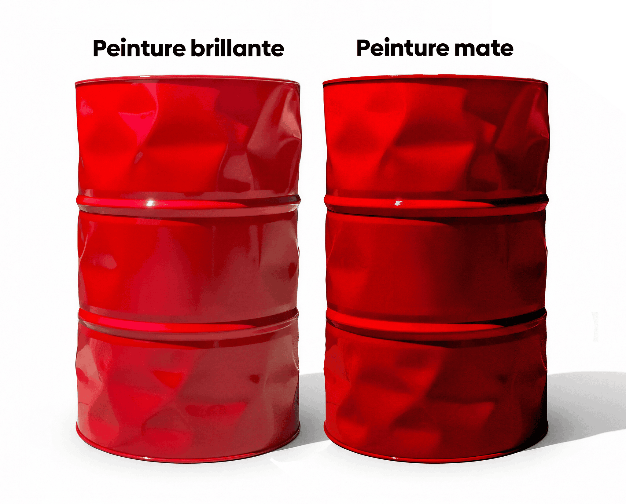 Comparatif visuel entre un baril peint en rouge brillant et un baril rouge mat