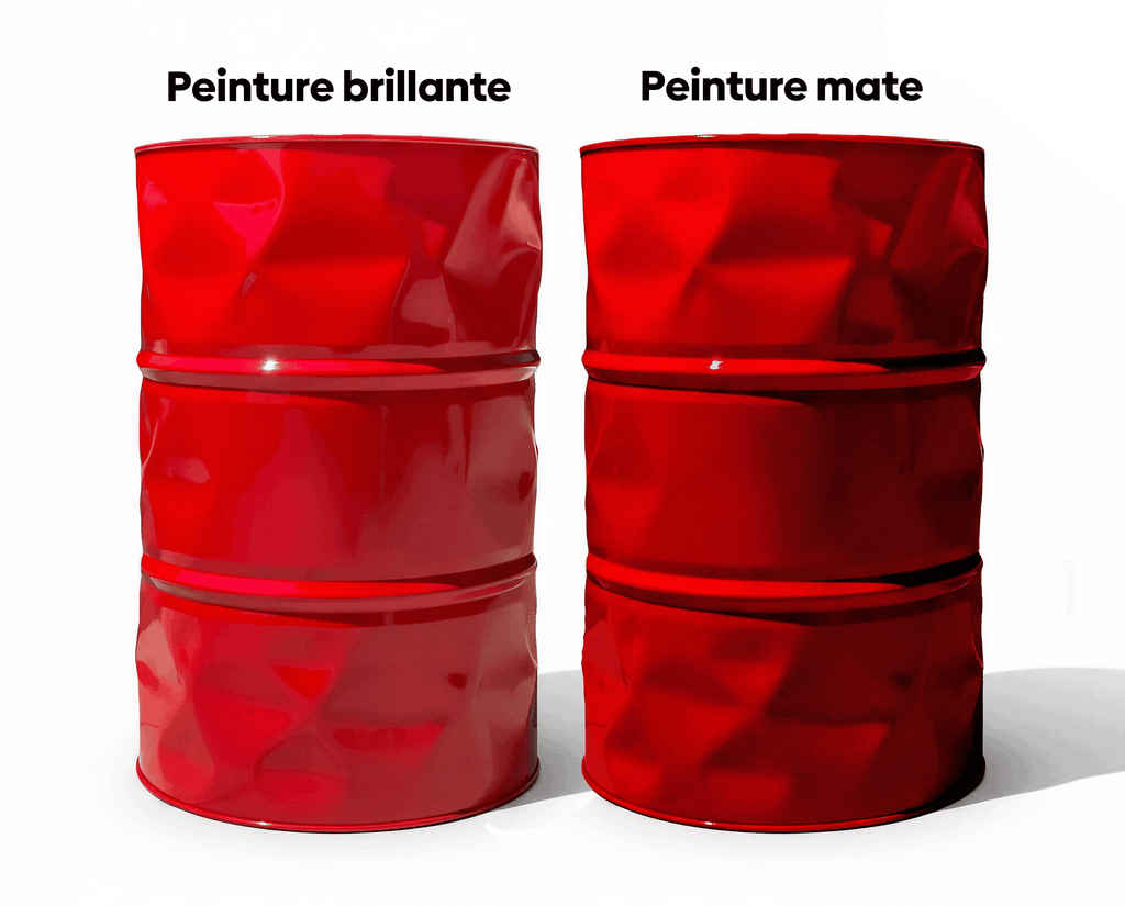 Comparatif visuel entre une finition peinture brillante et mate sur deux barils de couleur rouge