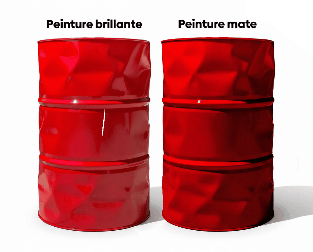Comparaison visuelle sur deux bidons rouges entre peinture brillante et peinture mate