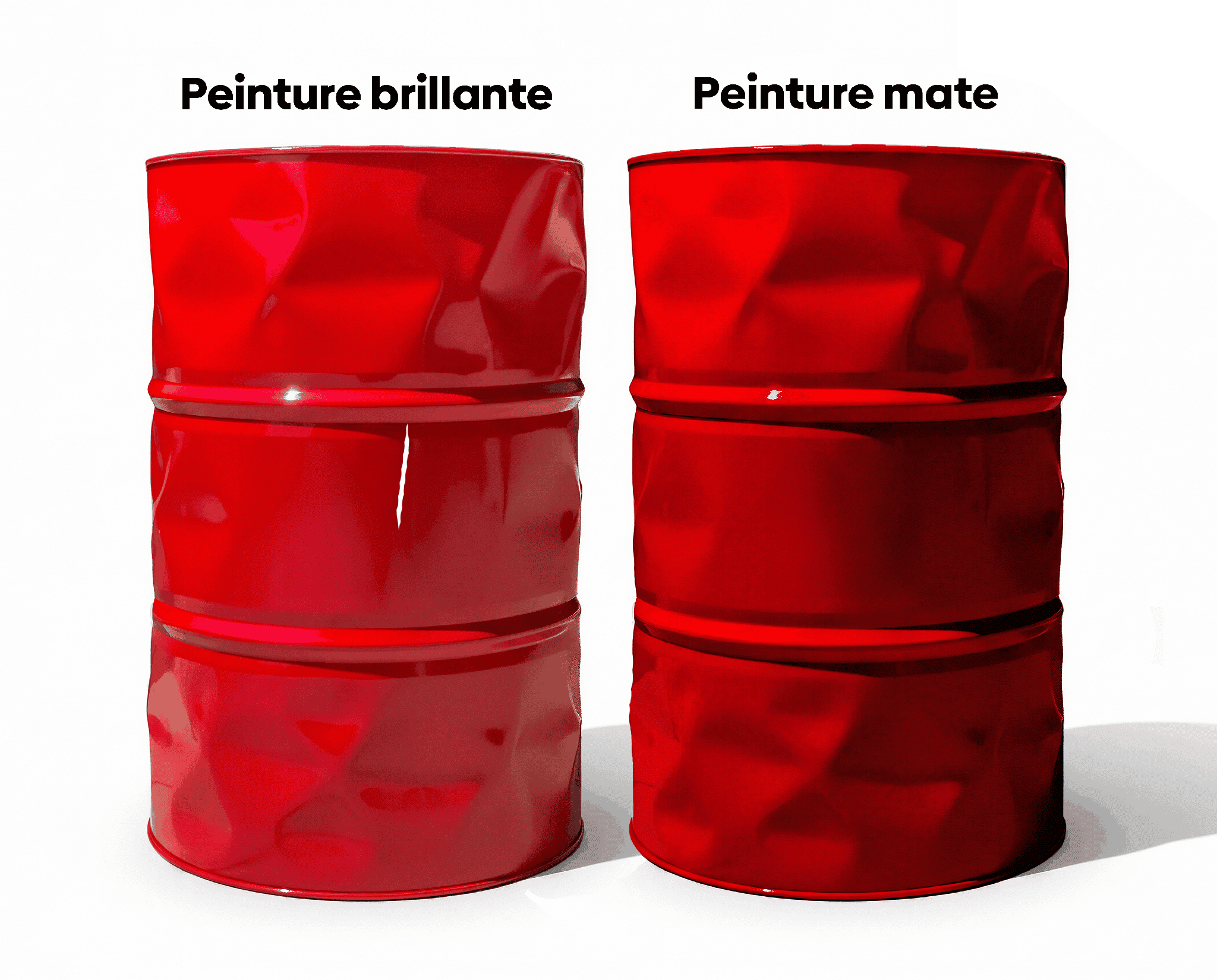 Comparaison visuelle sur deux bidons rouges entre peinture brillante et peinture mate