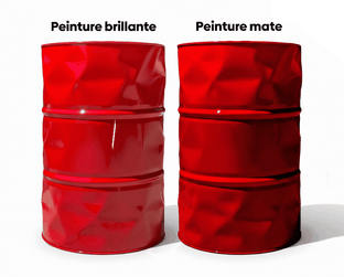 Comparaison visuelle entre un baril rouge en peinture brillante et un autre en peinture mate