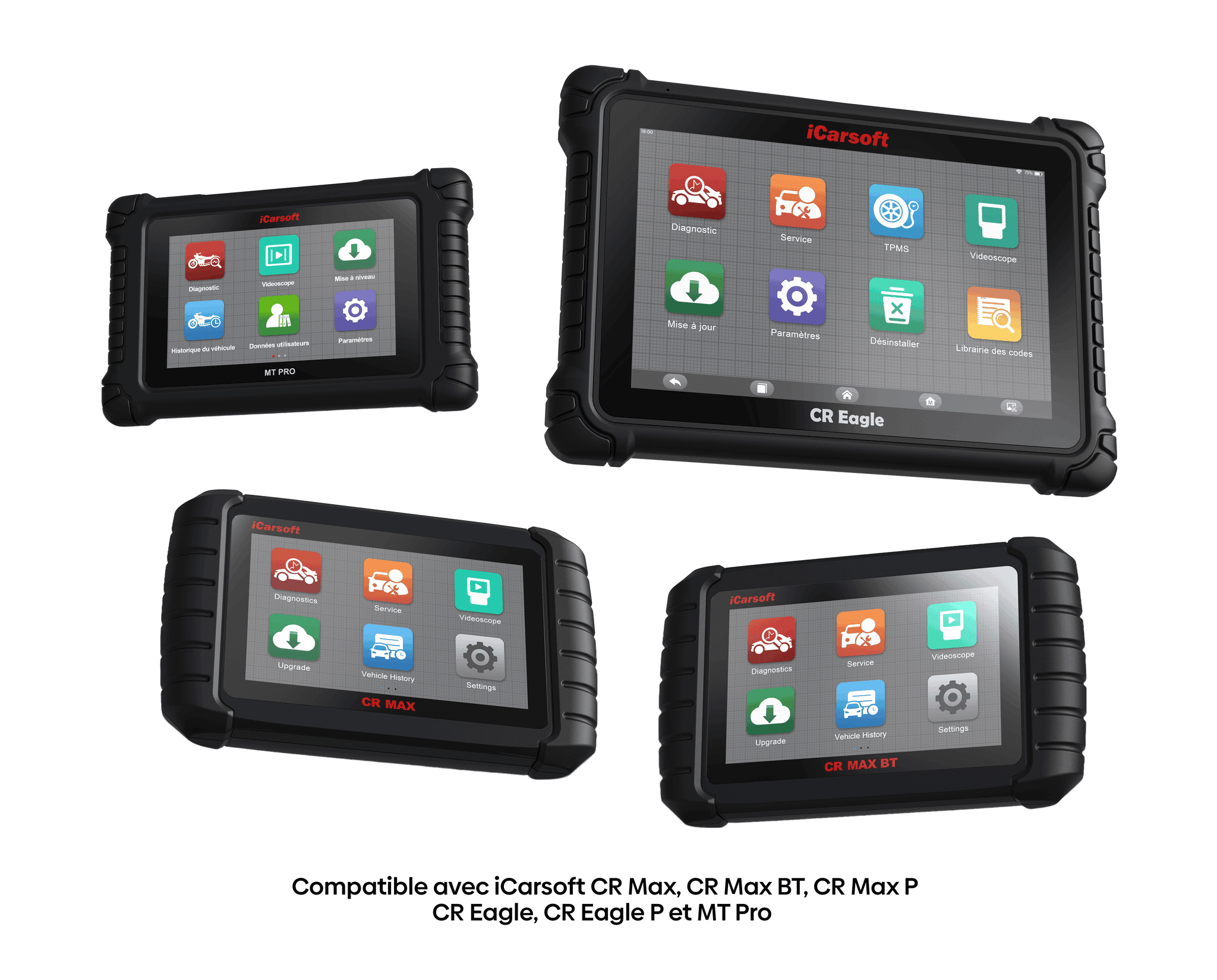 Tablettes de diagnostic auto et moto iCarsoft CR Max, CR Eagle et MT Pro