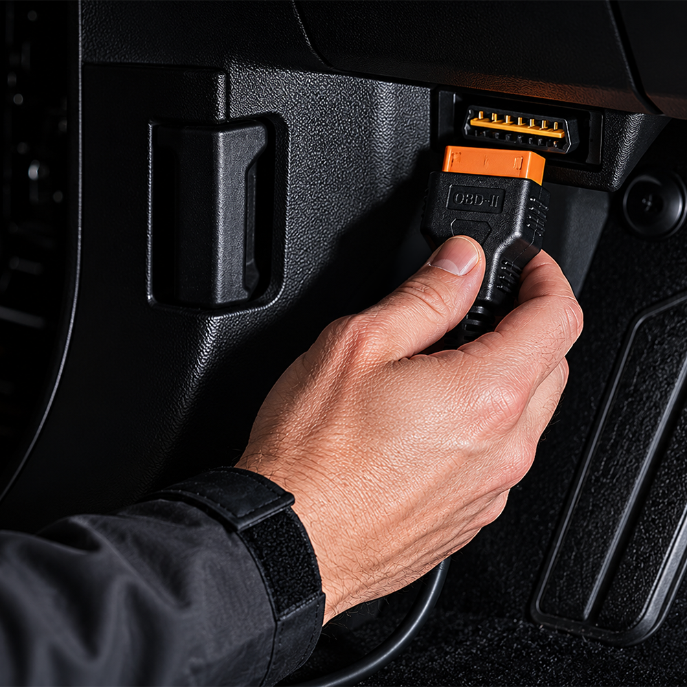 Branchement d un connecteur noir et orange sur la prise OBD2 d une voiture