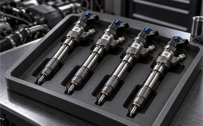 Quatre injecteurs de moteur de voiture avec codes barres et connecteurs bleus