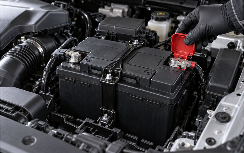 Mains d'un technicien ouvrant le cache de protection d'une batterie de voiture pour un test
