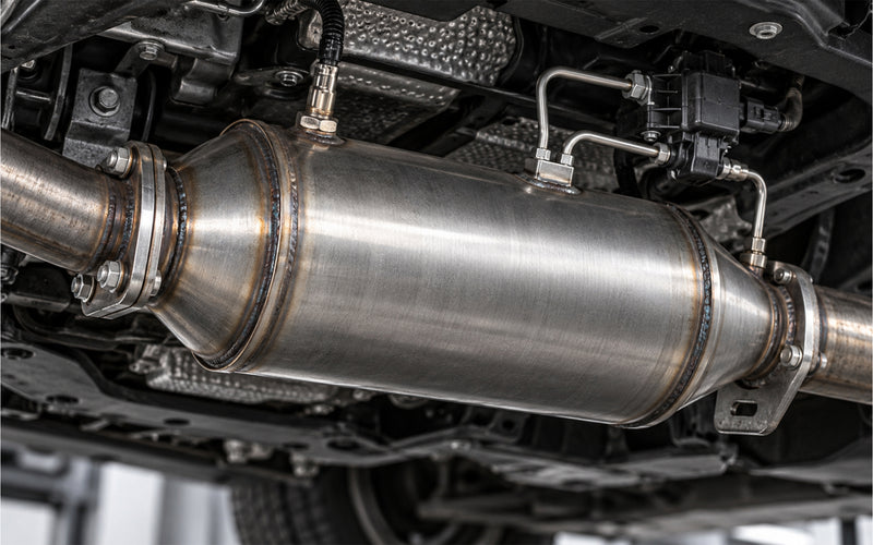 Gros plan sur un filtre à particules de voiture avec ses capteurs et sa sonde de diagnostic
