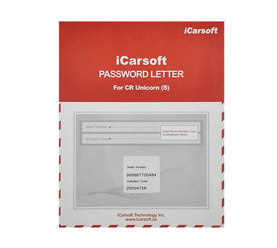 Lettre de mot de passe avec numéro de série et code d activation pour la valise iCarsoft CR Unicorn