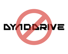Logo Dynodrive noir barre par un symbole d interdiction rouge sur fond blanc