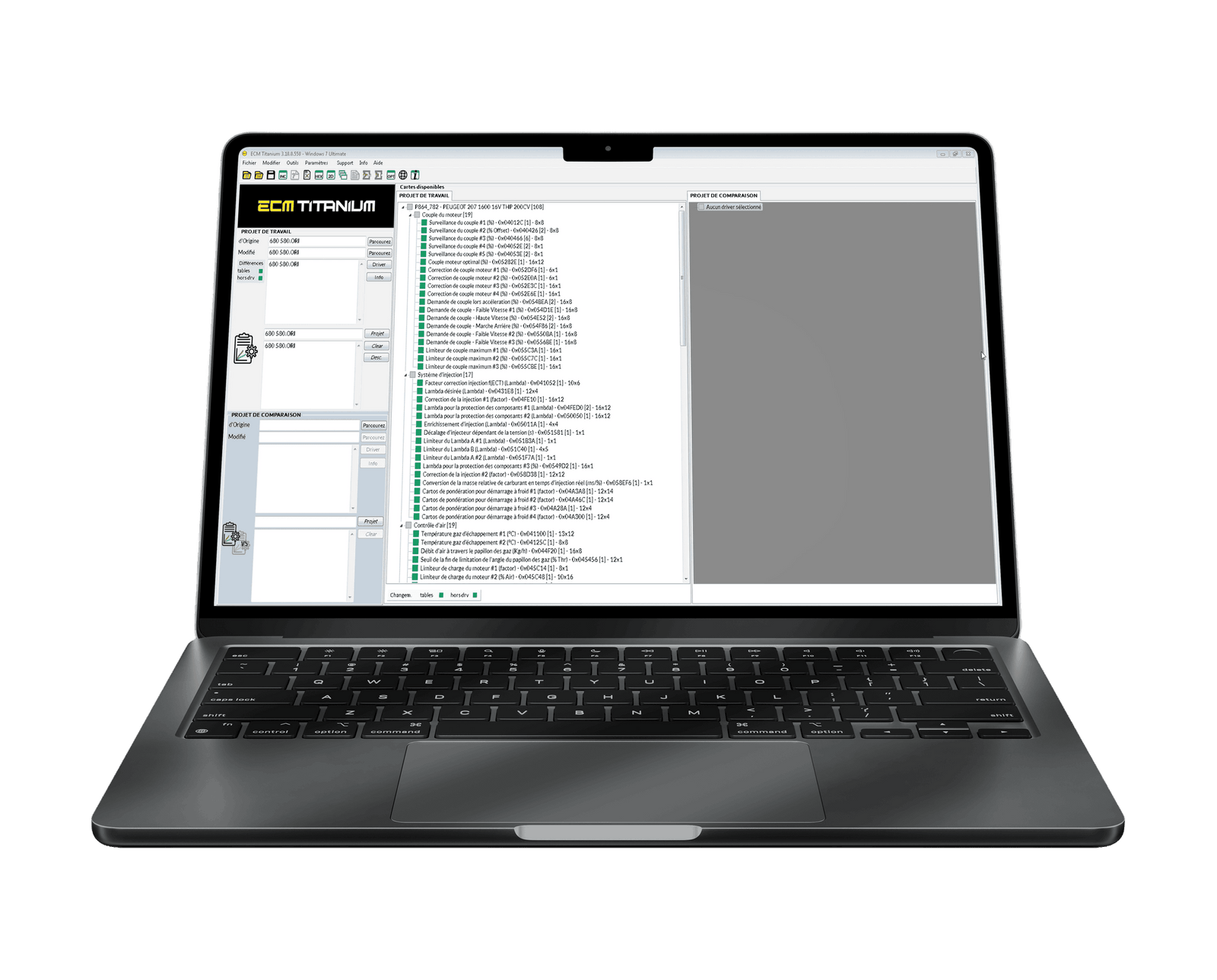 Ordinateur portable affichant l interface du logiciel de reprogrammation moteur ecm titanium