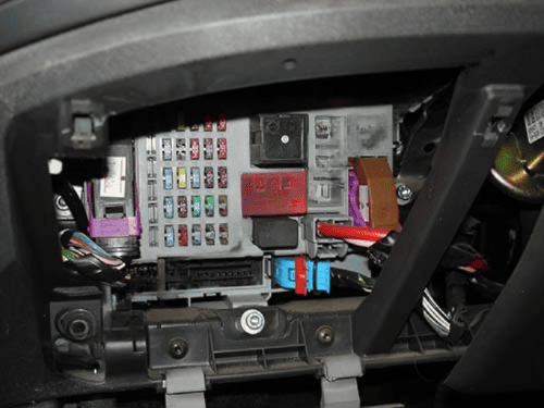 Vue de la boîte à fusibles et de la prise de diagnostic OBD2 sur une Fiat Doblo de 2007