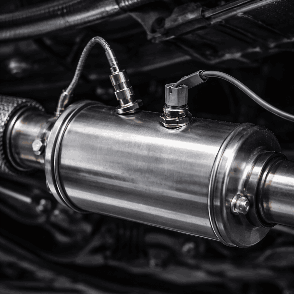 Gros plan sur un filtre à particules de voiture avec ses capteurs et sa sonde de diagnostic