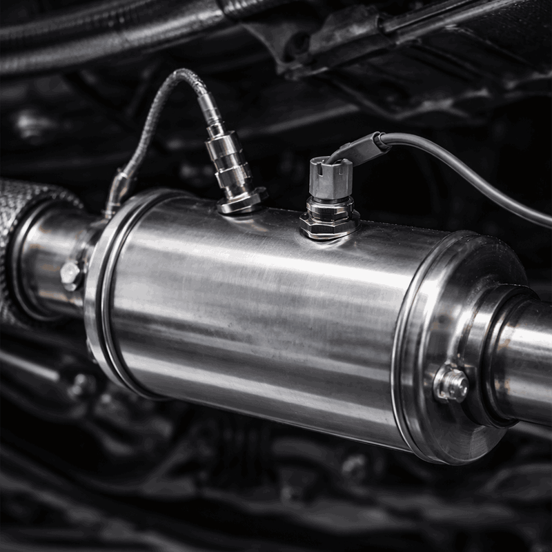 Gros plan sur un filtre à particules de voiture avec ses capteurs et sa sonde de diagnostic