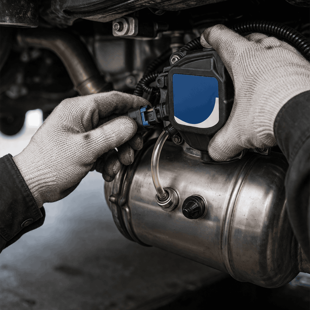 Mains d un mecanicien connectant le capteur du reservoir d additif de FAP
