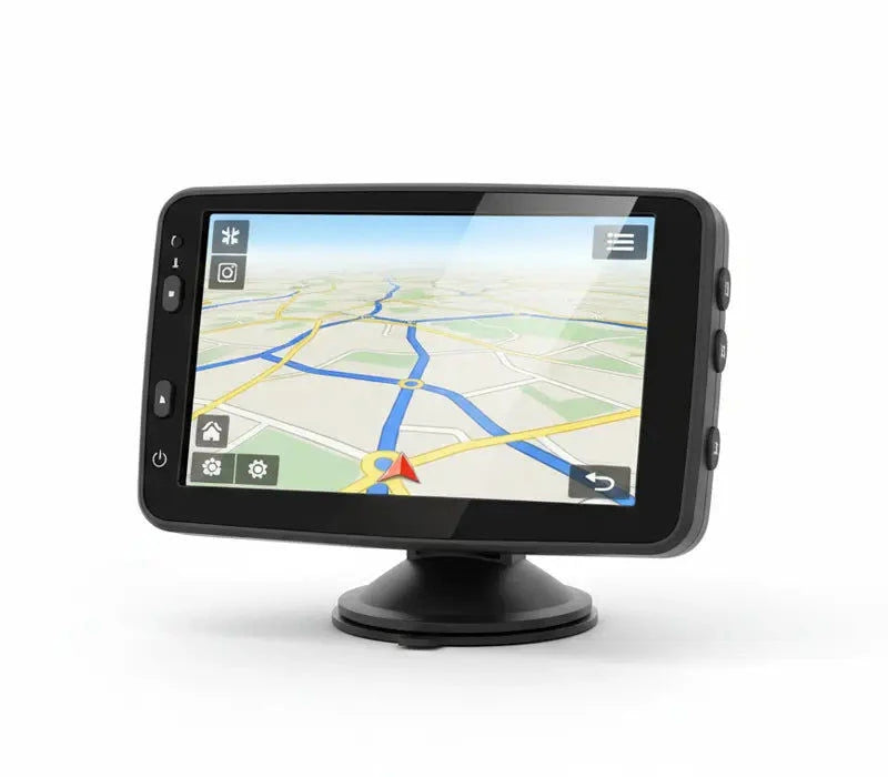 Navigateur GPS pour voiture avec écran tactile affichant une carte routière en relief
