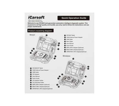 Guide de démarrage rapide imprimé pour la valise de diagnostic multimarque iCarsoft CR Max